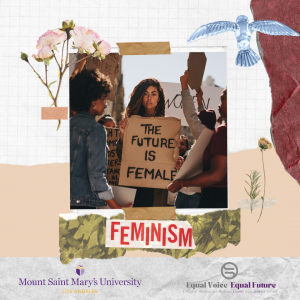 Woman holding a sign that reads "The Future is Female", scrapbook collage