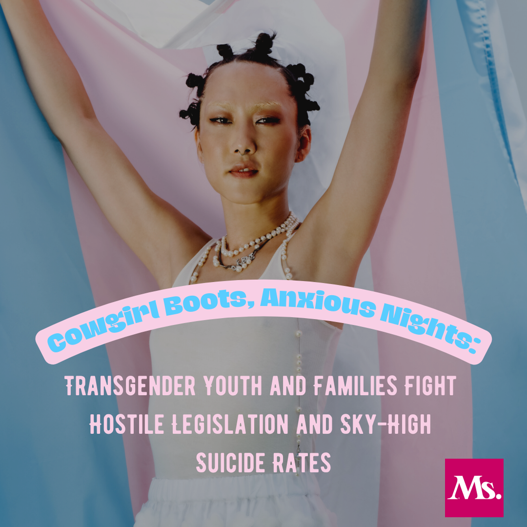 Transgender person holding the trans flag, with blog post title text in front